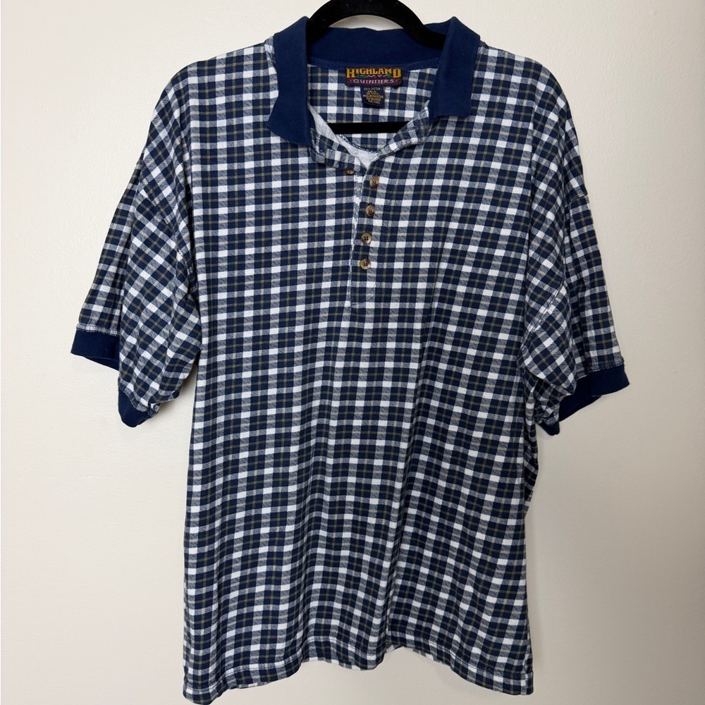 vintage short sleeve polo henley blue checkered plaid size XL 100% cotton